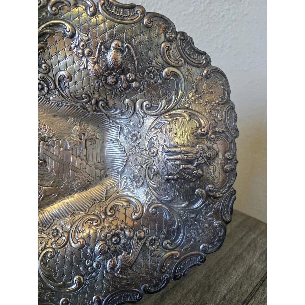 Antique Silver on Copper Dutch Revival Repousse People Tavern Courtyard Bowl